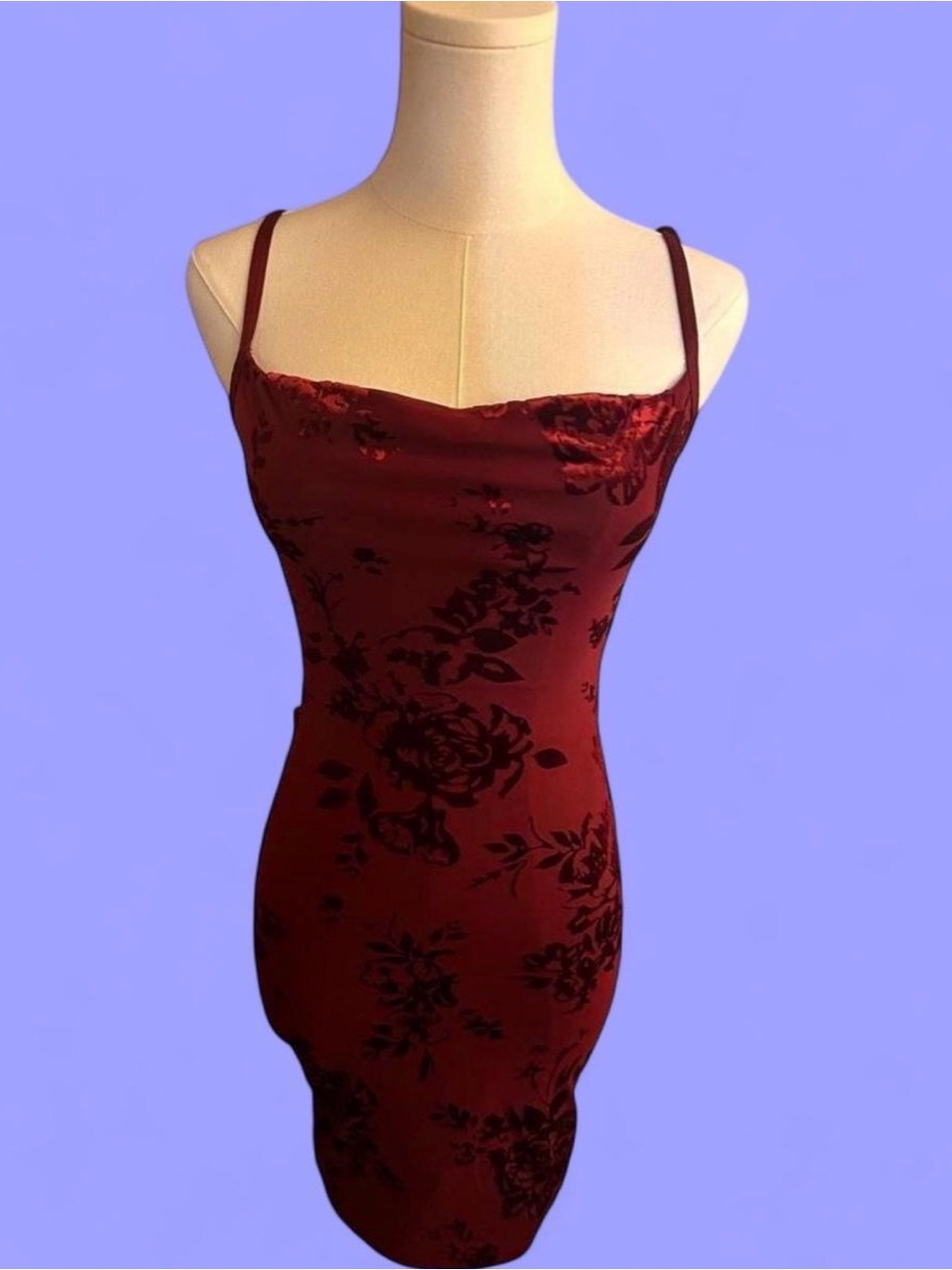 Y2K Garage Burgundy Velvet Flocked Floral Bodycon Mini Dress